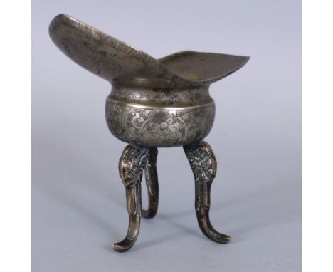 AN UNUSUAL 18TH/19TH CENTURY CHINESE OR TIBETAN SILVERED METAL PAKTONG JUE TRIPOD CENSER, the sides well engraved with formal