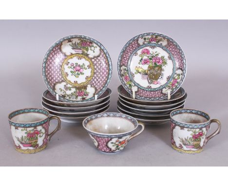 A GROUP OF ELEVEN SAMSON YONGZHENG STYLE FAMILLE ROSE EGGSHELL PORCELAIN SAUCERS, 4.25in diameter; together with a matching t