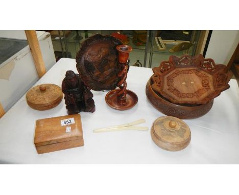 7 items of woodenware including figure, bowls, trinket boxes &amp; a bone glove stretcher etc.