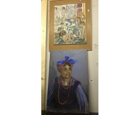 2 oil on board paintings, circa 1970's, one entitled 'The Art Class' of a still life and the other a portrait of a black lady