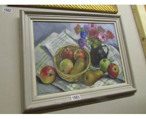 An oil on panel painting of still life with fruit and jug by Leslie Iwar Burton (1927 -2014) signed (listed Yorkshire Dales a