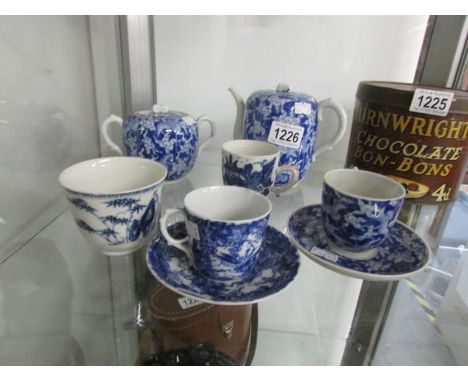 7 items of blue and white including matching teapot, sugar bowl, tea cup and saucer with Japanese 6 character markings, a cup