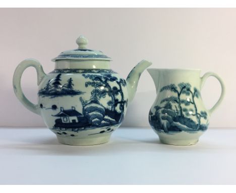 An 18th century blue and white teapot, Possibly Bristol or Bow, (has tiny nicks to spout and 2 small chips to underside of li