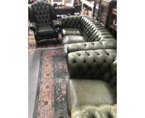 A 3 piece Chesterfield suite consisting of a 3 seat sofa, club chair and wing-back chair (A/F)