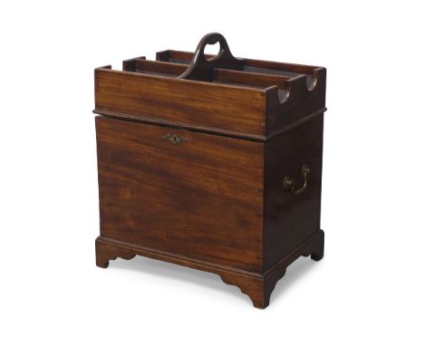 A George III mahogany cellarette, late 18th century, the sectional hinged top enclosing sectional interior, with twin brass h