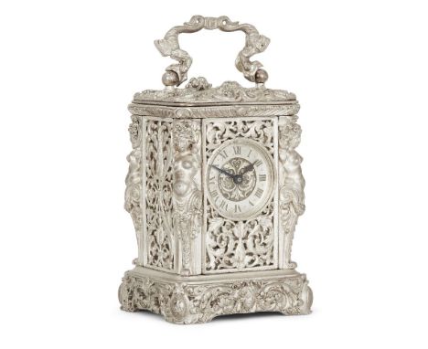 A French ornate white metal miniature mignonette timepiece, second half 19th century, the elaborate case with handle modelled