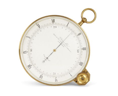 A late Victorian brass aneroid barometer, by Luis Pascal Casella, late 19th century, the 4 inch silvered and engraved dial wi