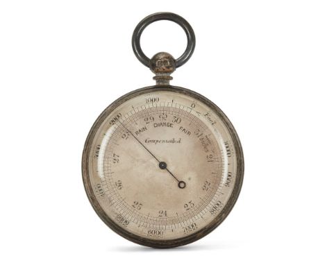 An English silver aneroid pocket barometer, the case by Albert Thomas Oliver, London, 1914, the dial calibrated in barometric