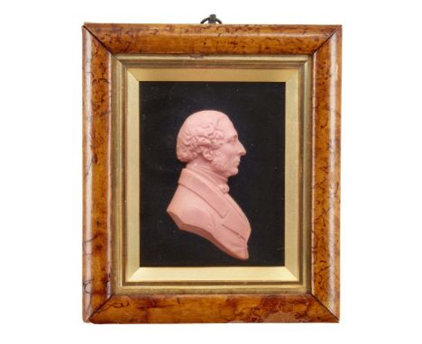 David Morrison, active 1793-1850, a wax portrait relief of George Canning (1770-1827), mounted on a black ground, in a burr w