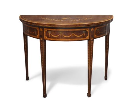 A George III mahogany and satinwood crossbanded marquetry inlaid demi-lune card table, in the Sheraton taste, c.1790, the fol