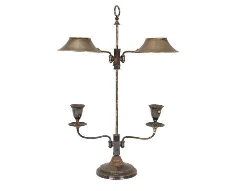 An old Sheffield plate reading lamp, 1st half 19th century, the two arms adjustable on the central column, with shades and tw