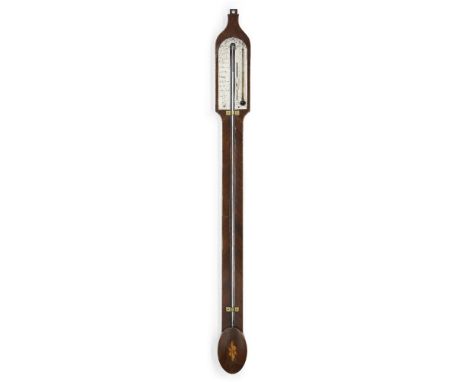 A George III Scottish mahogany stick barometer, by Balthazar Knie, late 18th/early 19th century, the arched silvered plate wi