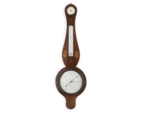 A George III inlaid mahogany wheel barometer, by James Gatty, late 18th century, with hygrometer dial over an alcohol thermom