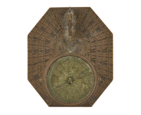 A brass Anglo-French octagonal pocket sundial and compass, by Michael Butterfield, Paris, c.1700, with hinged triangular gnom