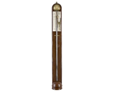 A George III mahogany stick barometer, by J. Search, London, c.1780, the silvered scale calibrated in barometric inches with 