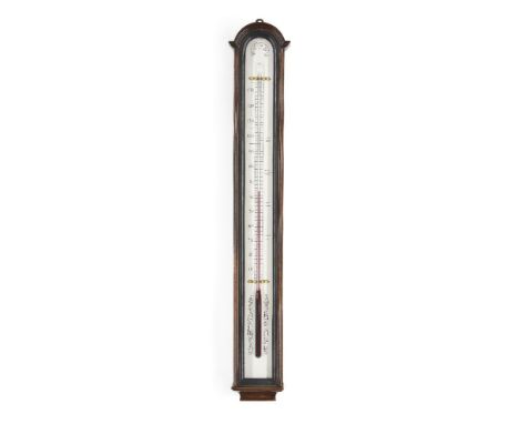 A late George III mahogany thermometer, early 19th century, arched glazed case above silvered Fahrenheit scale, 61cm high   P