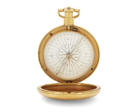 A Regency gilt brass pocket compass, by Berge, London, c.1820, the enamel dial marked in degrees and quadrants, signed on dia