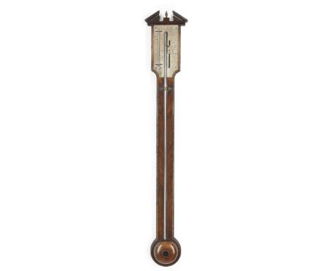 A George III mahogany stick barometer, by Francis Pelegrino, circa 1800, the silvered plate with Arabic numerals, Vernier sca