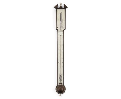 A George III mahogany bayonet tube stick barometer, by Watkins & Smith, c.1765, with broken pediment and ball finial above si