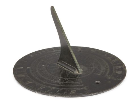 An English bronze 10 inch sundial plate, by J Sisson, 18th century, engraved with 16 point compass rose, calendrical equation