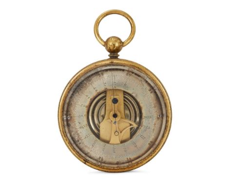 An English brass pocket aneroid barometer, late 19th century, with open-centred register calibrated in barometric inches with