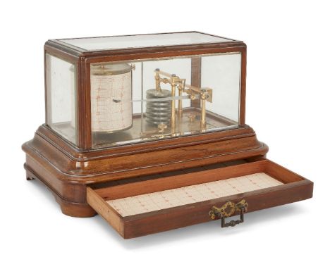 An Edwardian mahogany cased barograph, by J. Hicks, London, the glazed mahogany case with five bevelled glass panels above a 