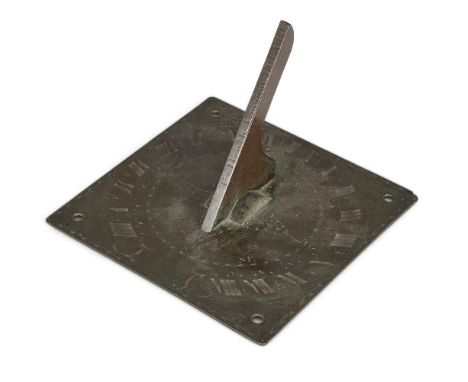 A small George II bronze sundial plate, by Thomas Heath, London, second quarter 18th century, engraved with 8 point compass r