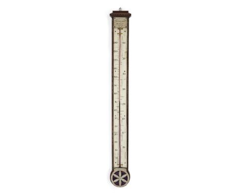 An early Victorian mahogany thermometer, by Negretti & Zambra, mid 19th century, with silvered Fahrenheit and Centigrade scal