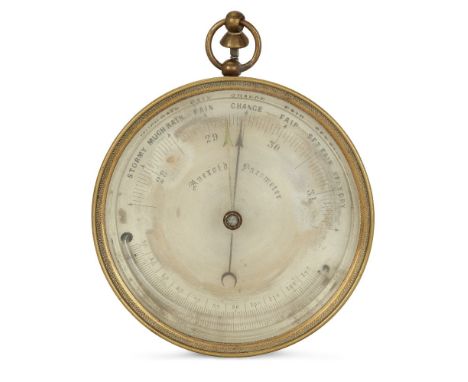 A Victorian aneroid barometer, late 19th century, the silvered dial calibrated in barometric inches over mercury tube with fa