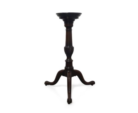 A Regency mahogany tripod wine table, the circular top with turned and wrythen column, raised on splayed tripod legs and cast