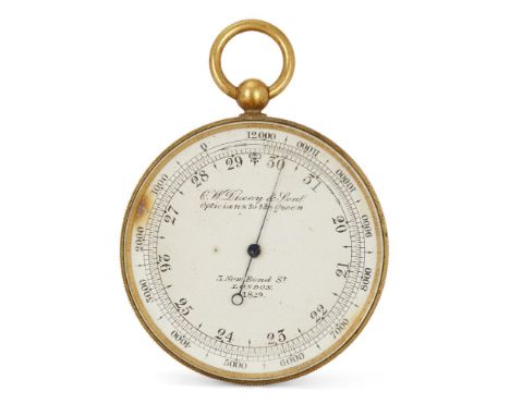 A brass cased aneroid pocket barometer, by C.W. Dixey & Sons., 19th century, circular silvered dial calibrated in barometric 