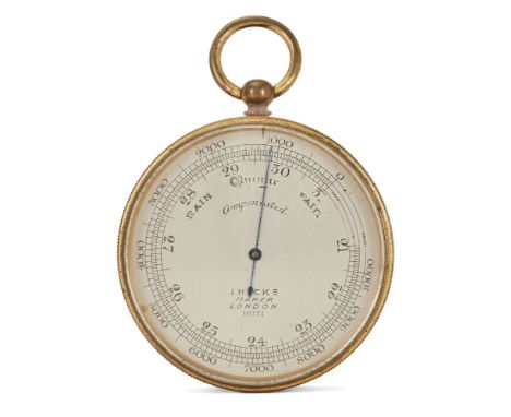 A late Victorian brass aneroid barometer, by J. Hicks, London, late 19th/early 20th century, the silvered dial calibrated in 