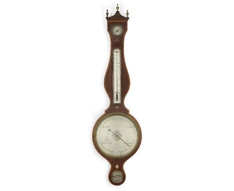 A George III burr-yew wheel barometer, by James Gatty, London, c.1800, the case with three brass urn finials and kingwood ban