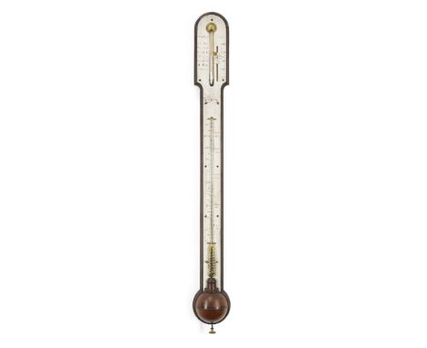 A George III mahogany bayonet stick barometer, by Thomas Blunt, late 18th century, with silvered plates marked in barometric 