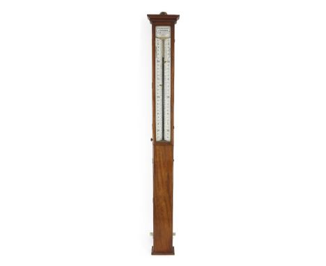 A large Victorian mahogany barometer, c.1890, the case with square moulded top enclosing angled plastic scales with brass poi