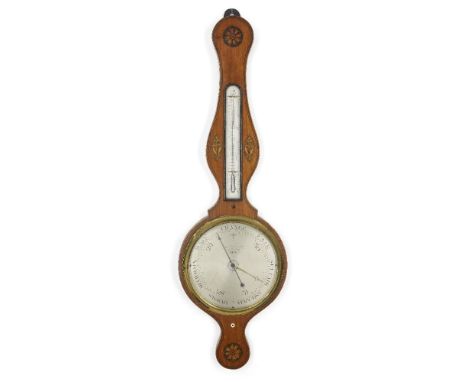 A George III satinwood and marquetry inlaid wheel barometer, by Lione Somalvico & Co., London, circa 1795, the 10 inch silver