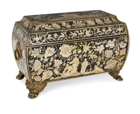 A Regency penwork tea caddy, early 19th century, of sarcophagus form, decorated overall with Oriental figures, flowers and fo