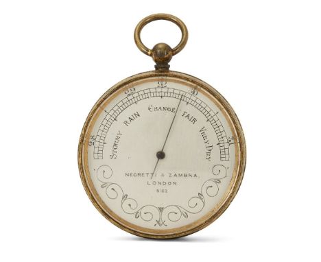 A Victorian brass cased aneroid pocket barometer, by Negretti & Zambra, 19th century, silvered dial calibrated in barometric 