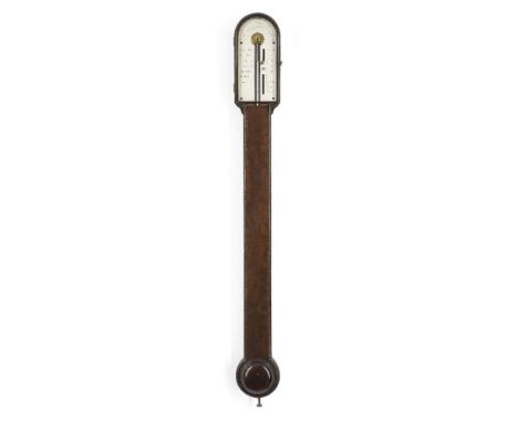 A George III mahogany stick barometer, by George Adams, London, c.1760, the arched case set with glazed silvered Vernier scal