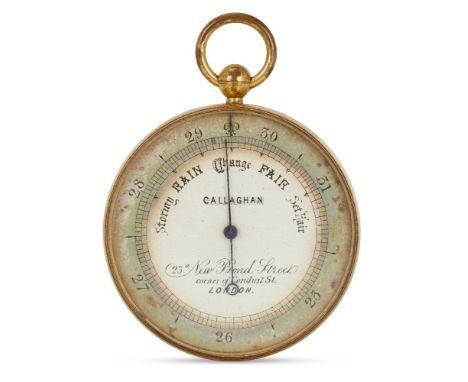 A Victorian gilt-brass aneroid barometer, by William Callaghan, London, c.1873, the silvered and tinted dial with adjustable 