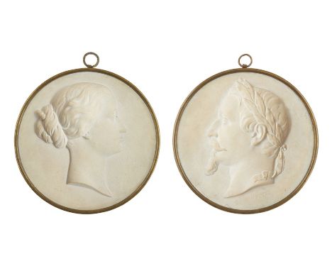 Jules-Constant Peyre, French, 1811-1870, (born-active), a pair of â€˜ceramo-marbreâ€™ portrait reliefs of Empress Eugenie and