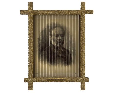 An optical illusion 3D lithograph, early 20th century, depicting Emile Zola, Captain Alfred Dreyfus and Major Esterhazy, with