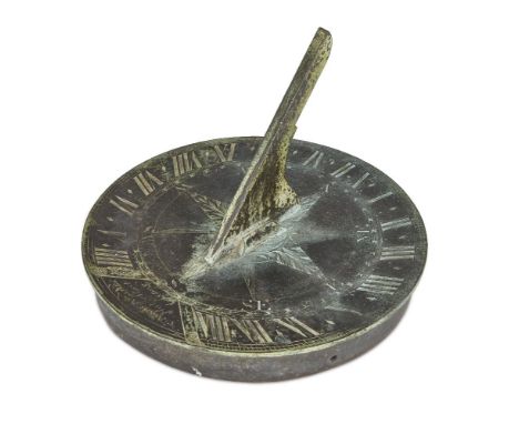A George III bronze 9 inch sundial plate, by George Adams, London, mid-18th century, engraved with 8-point compass rose, hour