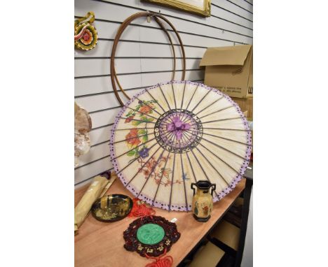 A 20th Century Oriental paper parasol, decorated with butterflies, measuring 72cm in diameter, together with a selection of o