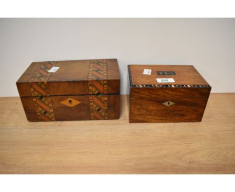 A late 19th / early 20th century tea caddy with inlaid shell decoration to edge and another inlaid caddy, af, one lid missing