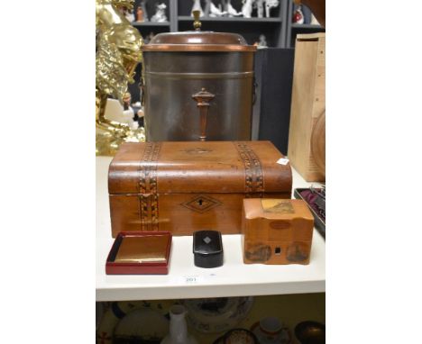 A vintage copper lidded coal bucket, an inlaid 19th century box, Af, a 19th century snuff box, a Mauchline ware box, made fro