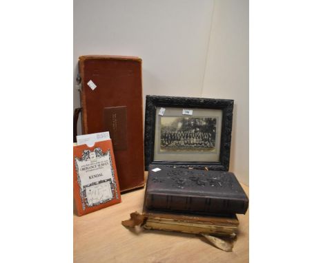 Two Victorian leather bound photograph albums, a framed early 20th Century school photograph, an Ordnance Survey reprint edit