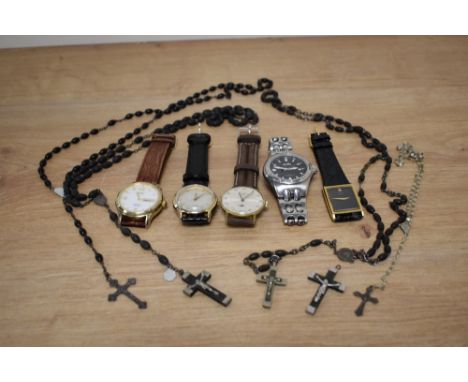 A selection of gents watches, including Timex and Rotary and an assortment of rosary beads.