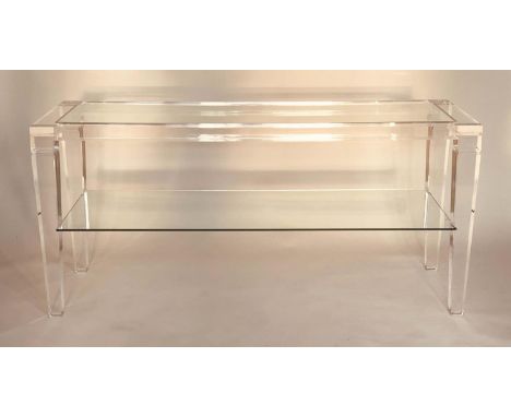 CONSOLE TABLE, rectangular lucite and glass with shelf stretcher and square tapering supports, 161cm W x 74cm H x 51cm D. 