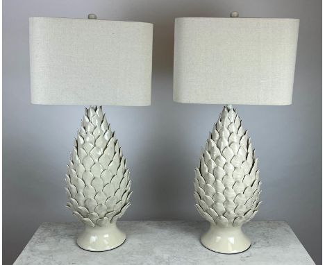 TABLE LAMPS, a pair, pine cone form, blanc de chine ceramic with linen shades, 87cm H. (2) 